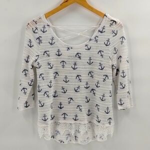 Almost Famous white nautical anchor print crochet feel top size large 3/4 sleeve